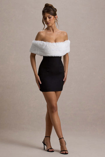 Little Luxe Black Bardot Mini Dress With White Fur Trim